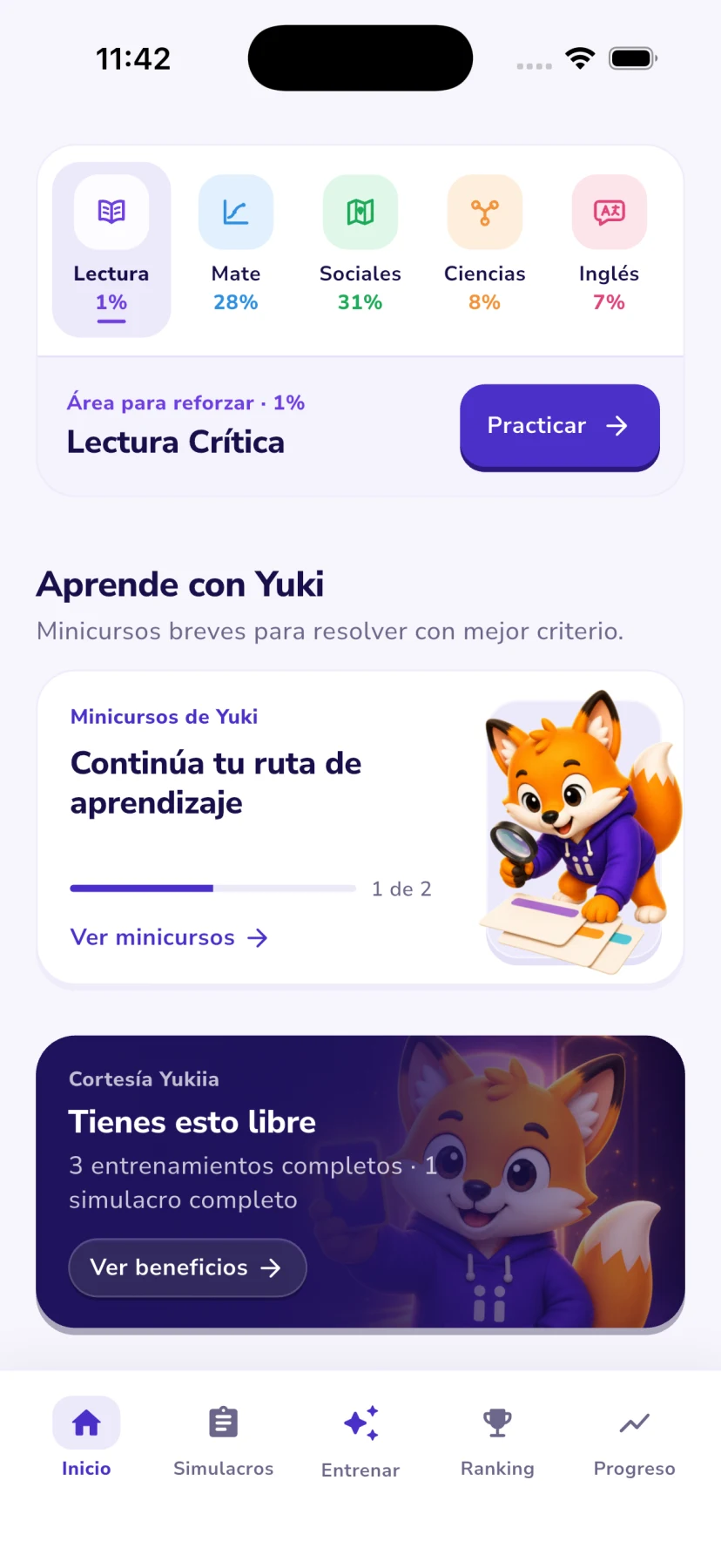 Inicio de Yukiia con recomendación y mapa de preparación