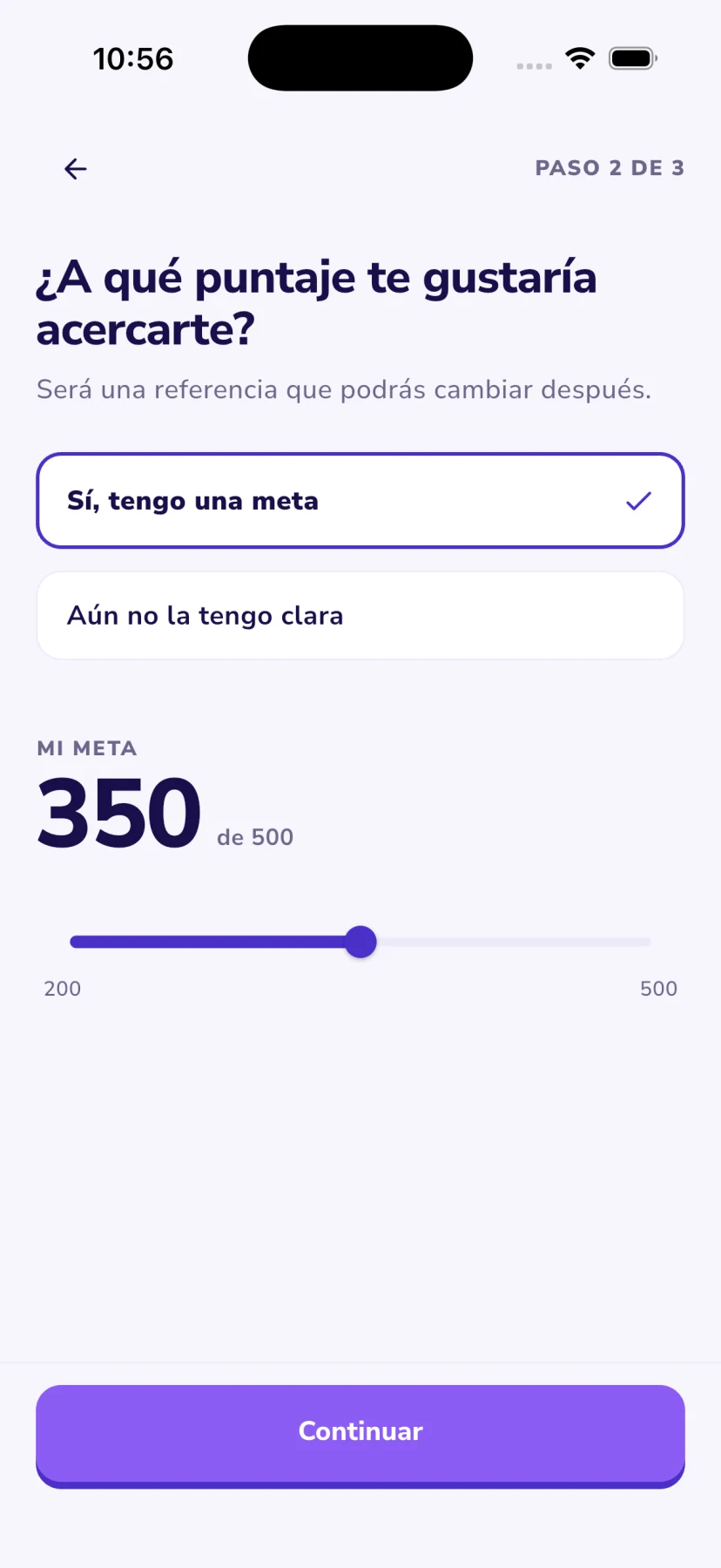 Yukiia permite definir una meta de puntaje para personalizar la preparación